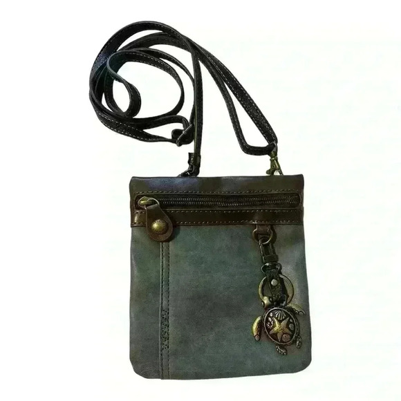 Chala Blue & Brown Vegan Leather Crossbody Bag with Sea Turtle Key Chain - Picture 1 of 9